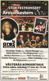 Annons VLT Festkonsert Arosorkestern i Västerås Konserthus den 17 november 2008.