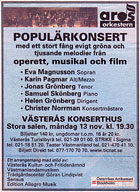Annons, Populrkonsert Vsters Konserthus mndagen den 13 november 2007.