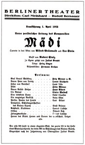 Operetten Mdi med musik av Robert Stolz. Premiraffisch 1 april 1923.